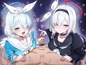 1boy 2girls absurdres alternate_breast_size_(larger) arona_(blue_archive) assertive_female bar_censor blue_archive blue_eyes blue_hair blush braid breasts breath censored clothed_female_nude_male colored_inner_hair cooperative_handjob cum erection ffm_threesome glansjob grey_hair group_sex hair_over_one_eye halo handjob heart hetero highres long_hair long_sleeves looking_at_viewer male_pubic_hair multicolored_hair multiple_girls nude open_mouth penis pink_hair plana_(blue_archive) pov pubic_hair sailor_collar school_uniform serafuku single_braid smile speech_bubble teamwork_(sexual) threesome two-tone_hair variant_set white_sailor_collar woo_(woosan)