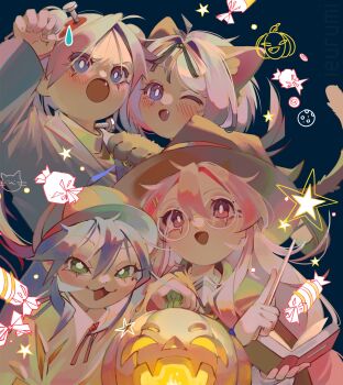 4girls :3 :d absurdres animal_ears animal_hands blush book candy comedic_sweatdrop cosplay fang food frankenstein&#039;s_monster frankenstein&#039;s_monster_(cosplay) friends glasses gloves halloween halloween_costume highres hiiragi_kagami hiiragi_tsukasa holding holding_book ieurumi izumi_konata jack-o&#039;-lantern lucky_star multiple_girls one_eye_closed open_mouth paw_gloves siblings sisters smile star_(symbol) takara_miyuki twins werewolf_costume witch wolf_ears