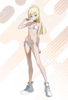 1girl absurdres artist_name bikini black_choker blonde_hair breasts choker full_body green_eyes hand_up high_ponytail highres hip_bones lillie_(pokemon) long_hair looking_at_viewer navel nintendo otokakoto pokemon pokemon_sm ponytail shoes side-tie_bikini_bottom simple_background small_breasts sneakers solo standing stomach swimsuit white_bikini white_shoes