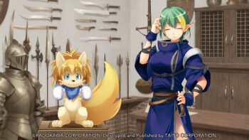 1girl :< animal_ears animal_nose armor atelier-moo belt blonde_hair blue_eyes blue_scarf body_fur bow_(weapon) breasts brown_fur clenched_hands closed_eyes closed_mouth colored_tips company_name copyright_notice creature crossbow dagger day dog_ears dog_tail earrings elf elle_louise full_armor game_cg gloves green_hair hair_between_eyes halberd hand_on_own_head hand_on_own_hip indoors jewelry knife large_breasts looking_at_viewer medium_hair multicolored_hair non-web_source pointy_ears polearm scarf shield shop short_hair short_sleeves smile spear standing sword tail teddy_(yuukyuu_gensoukyoku) thick_eyebrows thighs weapon white_gloves wooden_box yuukyuu_gensoukyoku yuukyuu_gensoukyoku_revival