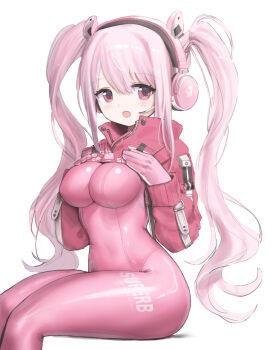 1girl absurdres alice_(nikke) animal_ear_headphones animal_ears blush bodysuit breasts covered_navel fake_animal_ears gloves goddess_of_victory:_nikke headphones headset highres impossible_bodysuit impossible_clothes jacket latex latex_bodysuit long_hair looking_at_viewer medium_breasts multicolored_gloves open_mouth pink_bodysuit pink_eyes pink_gloves pink_hair rrina_rina shrug_(clothing) skin_tight smile solo twintails two-tone_gloves