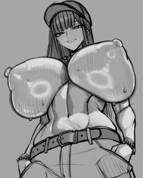 1girl absurdres belt breasts commentary_request cowboy_shot from_below gigantic_breasts greyscale grin hands_in_pockets hat highres katsuragi_yuzuha linea_alba long_hair looking_down monochrome nipples original pants puffy_nipples sketch smile solo stomach sweat underboob wolffeld_price