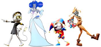 1boy 3d 3girls absurdres android arched_back armband artist_request asymmetrical_eyelashes asymmetrical_gloves bandaged_arm bandaged_chest bandaged_leg bandaged_torso bandaged_waist bandages bare_shoulders belt black_belt black_coat black_hat black_mouth black_sleeves blue_bodysuit blue_eyes blue_gloves blue_hat blue_shoes blue_shorts blue_skirt blue_sleeves blunt_bangs blunt_ends blush bodysuit boots braid breasts bridal_gauntlets brown_boots brown_fur brown_gloves brown_hair bustier center-flap_bangs cleavage clenched_hand closed_mouth coat collared_bodysuit collared_coat colored_skin constricted_pupils contrast_collar curtained_hair elbow_gloves eyelashes eyes_over_blush eyeshadow face_filter fewer_digits fingernails freckles frown fur_collar glitch_productions glove_cuffs gloves glowing glowing_eyes gold_collar gradient_gloves green_skin grey_skin hair_intakes hair_pulled_back half-closed_eyes half_updo hat highres humanoid_robot jester jester_cap jester_costume knights_of_guinevere lace-up_boots leather leather_boots lipstick long_skirt makeup medium_breasts melancholy_hill metal_skin mismatched_gloves mismatched_shoes multicolored_bodysuit multiple_girls mummy_costume murder_drones n_(murder_drones) nail_polish no_humans official_art open_mouth orange_hair pointing pom_pom_(clothes) pomni_(the_amazing_digital_circus) ponytail princess_guinevere princess_outfit puffy_short_sleeves puffy_shorts puffy_sleeves purple_eyeshadow purple_lips purple_nails raised_eyebrow red_bodysuit red_eyes red_gloves red_hat red_shoes red_shorts red_sleeves robot robot_boy shoes short_sleeves shorts simple_background skirt sleeve_cuffs small_pupils standing striped_clothes stuffed_toy syringe teeth the_amazing_digital_circus the_gaslight_district three-quarter_sleeves tongue transparent_background turtleneck twin_braids two-tone_bodysuit upper_teeth_only vertical-striped_clothes walking white_bustier white_hair white_skin wide-eyed yellow_armband