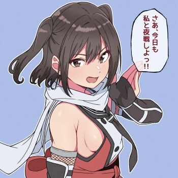 1girl black_gloves black_hair black_neckerchief blue_background breasts brown_eyes buttons commentary_request double-breasted fingerless_gloves gloves highres kantai_collection nanafumi_(nanafumino) neckerchief open_mouth orange_shirt sailor_collar scarf school_uniform sendai_(kancolle) sendai_kai_ni_(kancolle) serafuku shirt sideboob sleeveless sleeveless_shirt small_breasts solo translation_request two_side_up upper_body white_sailor_collar white_scarf