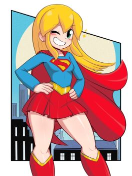 1girl blonde_hair blue_shirt blush_stickers boots border cape city cowboy_shot full_moon green_eyes grin hands_on_own_hips kurokiart97 long_hair looking_at_viewer mega_man_(series) moon night night_sky one_eye_closed red_boots red_cape red_skirt roll_(mega_man) shiny_skin shirt skirt sky smile solo standing supergirl_(cosplay) white_border wink