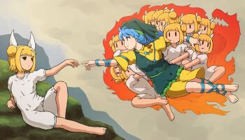 2girls apron arm_around_neck arm_ribbon arm_support barefoot blonde_hair blue_hair blue_ribbon bob_cut brown_eyes clone commentary_request day double_bun dress empty_eyes fine_art_parody fire floating green_apron green_headscarf grey_sky hair_bun hair_ribbon haniyasushin_keiki headscarf highres jewelry joutouguu_mayumi knee_up leg_ribbon long_hair looking_at_another lying magatama magatama_necklace mountain multiple_girls necklace on_ground on_side outdoors parody profile reaching reaching_towards_another red_eyes ribbon romper shirosato short_hair short_sleeves single_strap sky the_creation_of_adam touhou white_ribbon white_romper yellow_dress