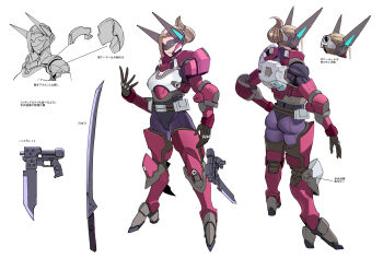 1girl absurdres armor ass blonde_hair breasts reference_sheet gun handgun head_tilt hexa_gear highres holstered katana medium_breasts moruga multiple_views official_art open_hand pistol power_armor rose_(hexa_gear) science_fiction standing sword translation_request trigger visor weapon white_background