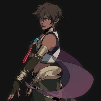 1girl armlet armor black_gloves bracelet brown_eyes brown_hair character_request dark_skin elbow_gloves fingerless_gloves gloves gold_armor hair_between_eyes highres jewelry looking_at_viewer midriff non-web_source open_mouth pontyk_blya short_hair smile