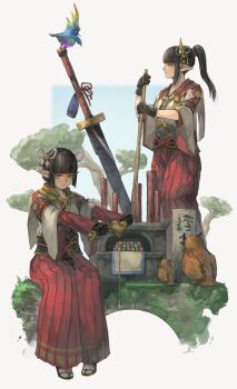 2girls absurdres bird black_hair blunt_bangs character_request commentary_request dango eyeshadow food gloves hair_ornament highres hime_cut japanese_clothes long_hair makeup malomalobear monster_hunter_(series) multiple_girls owl pointy_ears ponytail red_eyeshadow sword tree wagashi weapon yellow_eyes