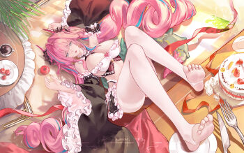 1girl absurdly_long_hair absurdres apple apron arknights arknights:_endfield armpits arms_up artist_name bare_shoulders black_sleeves blue_eyes blue_hair blunt_bangs bra breasts cake cherry choker cleavage cleavage_cutout clothing_cutout coffee collar commentary_request cup day detached_sleeves drill drill_hair feet_on_table floating_ribbon floor food frilled_apron frilled_bra frilled_bracelet frilled_choker frilled_collar frilled_skirt frilled_sleeves frills from_above fruit full_body hair_intakes hands_up high_up highres horns indoors knife large_breasts leaf long_hair lying maid maid_apron maid_headdress multicolored_hair no_shoes nude on_back on_floor open_mouth pantyhose pastry_box picture_frame pink_hair plant plate qingxi_emoji ribbon shadow signature skirt sleeve_bow soles solo spork stirrup_footwear stirrup_legwear strapless streaked_hair sunlight table tablecloth toeless_legwear twin_drills twintails underwear very_long_hair white_pantyhose yvonne_(arknights)