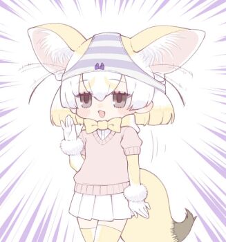 1girl animal_ears black_hair blonde_hair blush bow bow_panties bowtie brown_eyes clothes_theft extra_ears female_pervert fennec_(kemono_friends) fox_ears fox_tail gloves kemono_friends multicolored_hair notice_lines notora object_on_head open_mouth panties panties_on_head pervert pink_sweater short-sleeved_sweater short_hair short_sleeves skirt solo sweater tail theft thighhighs underwear underwear_on_head underwear_theft yellow_bow yellow_bowtie yellow_thighhighs