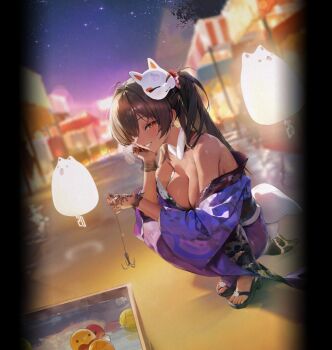 1girl ahoge bare_shoulders black_background blurry blurry_background breasts brown_hair cleavage clothes_hanger dark-skinned_female dark_skin detached_collar dfm_(darknessdfm) dutch_angle earrings festival food_stand fox_mask gloves goddess_of_victory:_nikke grin hair_intakes hair_over_one_eye hashtag-only_commentary highres hook japanese_clothes jewelry kimono lace lace_gloves lantern large_breasts long_hair looking_at_viewer mask mask_on_head naga_(last_girlhood)_(nikke) naga_(nikke) new_year night off_shoulder official_alternate_costume purple_kimono rubber_duck side_ponytail sky slippers smile solo squatting star_(sky) starry_sky water wide_sleeves