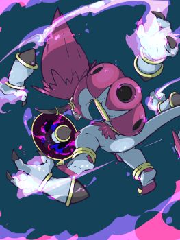 absurdres aqua_background claws commentary_request disembodied_hand energy gen_6_pokemon highres hoopa hoopa_(unbound) horn_ornament horn_ring horns legendary_pokemon looking_down mythical_pokemon nintendo open_mouth pokemon pokemon_(creature) pokemon_focus portal_(object) sharp_teeth solo tea_zatter teeth upper_teeth_only