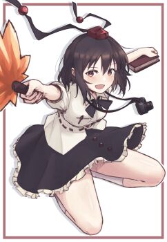 Rule 34 | 1girl, absurdres, blush, book, border, camera, camera around neck, commentary, frilled skirt, frills, hat, hauchiwa, highres, holding, holding book, inset border, looking at viewer, m1saki 1, missing wings, open mouth, outside border, puffy short sleeves, puffy sleeves, red border, red eyes, red hat, shameimaru aya, shirt, short sleeves, simple background, skirt, smile, socks, solo, tokin hat, touhou, white background, white shirt, white socks