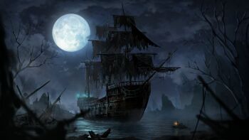 artist_request black_sky cloud full_moon highres moon night no_humans official_art outdoors pirate_ship ragnarok_online ruins sky