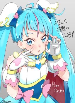 1girl artist_name blue_cape blue_dress blue_eyes blue_hair bow brooch cape cure_sky cut_bangs detached_sleeves dress dress_bow earrings finger_to_cheek fingerless_gloves gloves gradient_hair hair_ornament highres hirogaru_sky!_precure jewelry long_hair looking_at_viewer magical_girl mugima_kumata multicolored_hair ok_sign open_mouth pink_bow pink_hair precure puffy_detached_sleeves puffy_sleeves red_cape signature single_sidelock sleeveless sleeveless_dress solo sora_harewataru standing streaked_hair sweatdrop translated twintails two-sided_cape two-sided_fabric two-tone_dress two-tone_hair very_long_hair white_dress white_gloves wing_brooch wing_hair_ornament