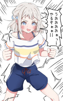 1girl absurdres blue_shorts blush commentary_request gakuen_idolmaster highres idolmaster katsuragi_lilja medium_hair open_mouth shirt short_sleeves shorts simple_background solo sweat translation_request urishima white_background white_hair white_shirt