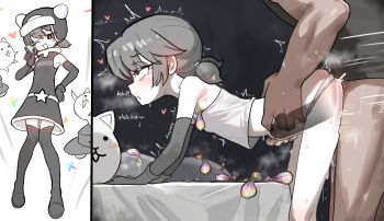 1boy 1girl ^^^ absurdres armpits bed bent_over blank_censor blush boots breath cat_(nyanko_daisensou) censored condom condom_wrapper crop_top dark-skinned_male dark_skin dress ebora elbow_gloves english_text flat_chest gloves grey_boots grey_dress grey_gloves grey_hair hairband heart heavy_breathing helmet hetero highres loli momoco_(nyanko_daisensou) multiple_views nyanko_daisensou out_of_frame pale_skin panties penis pillow puckered_lips rolling_eyes sex sex_from_behind shirt short_hair short_twintails sidelocks standing standing_sex stomach_bulge sweat tank_top thigh_boots torso_grab trembling twintails underwear used_condom white_panties white_shirt x-ray