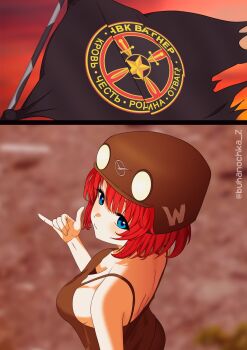 1girl blue_eyes blurry blurry_background breasts buhanka-chan buhanochka_z combat_helmet crossed_swords downblouse flag flag_pole green_shirt helmet highres looking_up medium_breasts medium_hair original red_hair russia russian_ground_forces russian_text russo-ukrainian_war shaka_sign shirt sky star_(symbol) sunset sword tank_top torn_flag translated uaz_(logo) w_(letter) wagner_group weapon