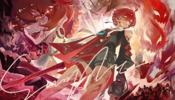 Rule 34 | 1girl, absurdres, ahoge, bare shoulders, black bodysuit, blood, blood on face, blue eyes, bodysuit, clothing cutout, commentary, crazy smile, danjin (wuthering waves), earrings, folded braid, hashtag-only commentary, highres, holding, holding sword, holding weapon, hoop earrings, jewelry, liudaohai6001, multiple views, open mouth, parted lips, red eyes, red hair, red tabard, shoulder cutout, smile, sword, tabard, thigh strap, weapon, wuthering waves