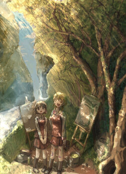 1girl 2girls absurdres blonde_hair brown_eyes brown_hair canvas_(object) collared_shirt commentary easel forest hidamari_sketch highres looking_at_viewer miyako_(hidamari_sketch) multiple_girls nature open_mouth outdoors paint_can paint_on_body paint_on_clothes paint_palette pleated_skirt red_skirt scenery school_uniform shirt short_hair skirt tree user_dhyj2257 yamabuki_high_school_uniform yuno_(hidamari_sketch)