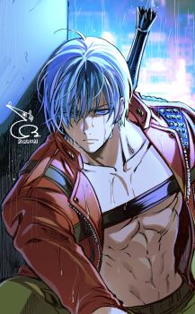 1boy absurdres baehee5502 blue_eyes coat dante_(devil_may_cry) dated devil_may_cry devil_may_cry_(series) devil_may_cry_3 highres looking_at_viewer no_shirt rain rebellion_(sword) red_coat signature sword sword_on_back weapon weapon_on_back wet white_hair