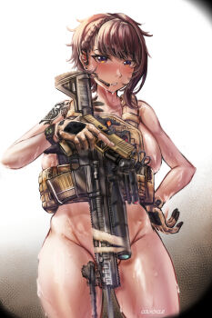 1girl absurdres artist_name battle_rifle breasts brown_eyes brown_gloves brown_hair bulletproof_vest colycycle delta_(nikke) earpiece fingerless_gloves gloves goddess_of_victory:_nikke gun h&amp;k_hk417 handgun highres holding holding_gun holding_weapon large_breasts nude rifle shoulder_tattoo sig_sauer_p320 solo sweat tactical_clothes tattoo trigger_discipline watch weapon white_background wristwatch