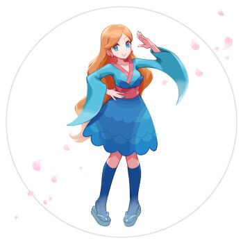 1girl blue_eyes blue_kimono blue_socks breasts brown_hair earrings ffccll full_body furisode furisode_girl_linnea highres japanese_clothes jewelry kimono kneehighs long_hair long_sleeves looking_at_viewer nintendo orange_hair parted_lips petals pokemon pokemon_xy sandals smile socks solo