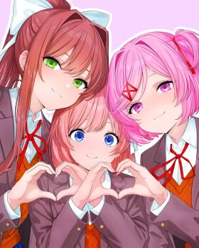 Rule 34 | 3girls, :3, absurdres, airy.digitalart, blue eyes, closed mouth, collared shirt, commentary request, doki doki literature club, eyelashes, green eyes, grey jacket, hair intakes, hair ornament, hair ribbon, heart, heart hands, heart hands duo, highres, jacket, monika (doki doki literature club), multiple girls, natsuki (doki doki literature club), neck ribbon, open clothes, open jacket, orange sweater vest, outline, pink eyes, pink hair, purple background, red ribbon, ribbon, sayori (doki doki literature club), shirt, short hair, sidelocks, smile, sweater vest, two side up, white outline, white ribbon, white shirt
