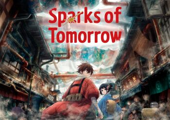 absurdres aqua_eyes bandaged_arm bandaged_hand bandages black_hair blue_kimono brown_hair building hair_between_eyes hair_bun highres industrial_pipe japanese_clothes key_visual kimono lamppost looking_back momokawa_inako nijuuseiki_denki_mokuroku official_art promotional_art sakamoto_kihachi short_hair single_side_bun waist_bag