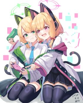 2024 2girls :t absurdres animal_ear_headphones animal_ears artist_name black_skirt black_thighhighs blonde_hair blue_archive blue_necktie blunt_bangs blush bow bright_pupils cat_ear_headphones cat_ears cat_tail chinese_commentary closed_mouth collared_shirt commentary_request controller dated fake_animal_ears fake_tail frown full_body game_controller gamepad green_bow green_eyes green_halo hair_bow halo headphones highres holding holding_controller holding_game_controller hug hug_from_behind index_finger_raised jacket long_sleeves looking_at_another medium_hair midori_(blue_archive) miniskirt mixian momoi_(blue_archive) multiple_girls necktie no_shoes open_clothes open_jacket open_mouth pink_eyes pink_halo pleated_skirt red_bow school_uniform shirt siblings sidelocks simple_background sisters sitting skirt tail thighhighs twins white_background white_jacket white_shirt wide_sleeves yokozuwari zettai_ryouiki