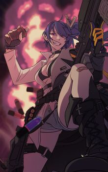 Rule 34 | 1girl, 20x30mm lv, 20x30mm lv heab k167, 20x30mm lv p k168, airburst grenade launcher, airburst round, ammunition, anti-materiel cartridge, assault rifle, asymmetrical gloves, bandaid, bandaid on knee, bandaid on leg, bikini, bikini top only, black boots, black coat, black gloves, blue gloves, bolt-action grenade launcher, bolt action, boots, bullpup, burst fire gun, burst fire rifle, cannon cartridge, coat, commentary, commission, computerized scope, daewoo k11, ear piercing, english commentary, explosion, explosive, fingerless gloves, fragmentation grenade, fragmentation warhead, girls' frontline, gloves, grenade, grenade cartridge, grenade launcher, grenade pin in mouth, gun, hair ornament, hairclip, hand grenade, high-explosive airburst round, high-explosive cartridge, highres, holding, holding grenade, holding gun, holding weapon, k11 (girls' frontline), kamuify, lace-up boots, looking at viewer, military cartridge, mismatched gloves, multi-weapon, multiple-barrel gun, open clothes, open coat, open shirt, open shorts, parted lips, piercing, pink eyes, practice round, precision-guided firearm, precision-guided munition, rifle, shirt, short-barreled rifle, short shorts, shorts, side ponytail, smart grenade, smart scope, smile, solo, subsonic ammunition, swimsuit, teeth, two-tone gloves, underbarrel assault rifle, underbarrel rifle, weapon, white shirt, yellow gloves