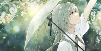 1girl bow dappled_sunlight flower green_eyes grey_hair hair_bow highres long_hair looking_up morimori_(14292311) original petals rain school_uniform shirt solo sunlight umbrella white_petals white_shirt