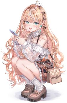 1girl absurdres bag bare_shoulders belt blue_eyes brown_shoes casual cellphone commentary_request frilled_shirt frills full_body highres holding holding_phone igarashi_rika igarashi_rika_(3rd_costume) long_hair long_sleeves looking_at_viewer momoko_(momopoco) multicolored_hair nail_polish nijisanji off-shoulder_shirt off_shoulder open_mouth orange_hair orange_skirt phone see-through_clothes see-through_sleeves shirt shoes shoulder_bag simple_background skirt smartphone smile socks solo squatting streaked_hair thighs very_long_hair virtual_youtuber white_background white_shirt white_socks