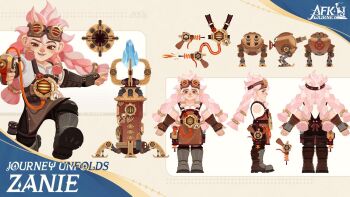 1girl :d afk_(series) afk_journey apron belt black_pants boots braid brown_apron brown_belt brown_boots brown_gloves cable character_name closed_mouth commentary copyright_name crystal dwarf english_commentary eyelashes facing_away fingerless_gloves freckles gauge gear_hair_ornament gears gloves goggles goggles_on_head gun hair_between_eyes hair_ornament holding holding_gun holding_weapon holster holstered long_hair multiple_views official_art open_mouth pants pink_hair pressure_gauge profile quad_braids red_eyes reference_sheet robot shirt short_sleeves side_braids smile teeth thigh_holster valve very_long_hair weapon white_shirt yellow_background zanie_(afk)