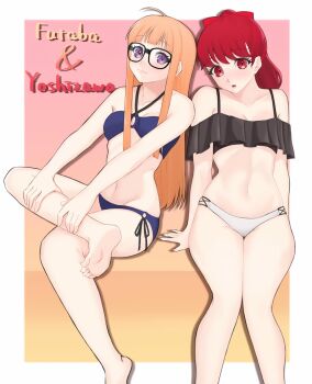 2girls ahoge atlus bare_legs barefoot bikini blush border breasts character_name cleavage closed_mouth crossed_arms feet feet_out_of_frame female_focus full_body glasses gradient_background highres looking_at_viewer matching_hair/eyes multiple_girls open_mouth persona persona_5 purple_eyes red_eyes red_hair reneph sakura_futaba small_breasts soles swimsuit thighs toes white_border yoshizawa_kasumi