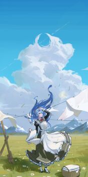 1girl absurdres apron arm_up basket black_dress black_shoes blanket blue_eyes blue_hair blue_sky closed_mouth clothesline cloud commentary_request dress facing_viewer floating_hair full_body grass high_heels highres holding holding_blanket juliet_sleeves long_hair long_sleeves maid maid_apron maid_headdress mountainous_horizon original outdoors puffy_sleeves shoes sky smile solo tanji_maketu white_apron wind