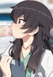 1boy 1girl ameku_takao ameku_takao_no_suiri_karte animated bar_censor blurry brown_eyes brown_hair censored chair clipboard clothed_sex coat collarbone deepthroat doctor fellatio green_shirt hair_over_shoulder hetero lab_coat large_penis long_hair looping_animation mizumizuni motion_lines oral penis shirt sitting solo_focus sweat tagme tearing_up throat_bulge upper_body video white_coat