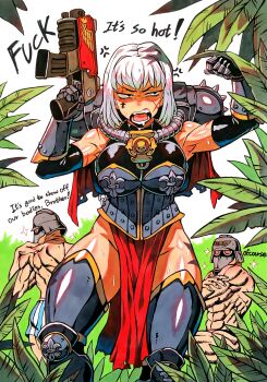 1girl 2boys absurdres adepta_sororitas anger_vein angry armor armpits astra_militarum black_eyes black_giraffe bolter breasts combat_helmet commentary death_korps_of_krieg english_commentary english_text facial_mark facial_scar gas_mask helmet highres holding_bolter jungle large_breasts leg_armor mask multiple_boys muscular muscular_male nature open_mouth pelvic_curtain profanity scar scar_on_arm scar_on_cheek scar_on_face scar_on_shoulder shiny_skin short_hair sweat teeth warhammer_40k weapon white_hair