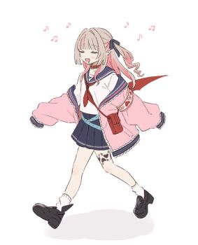 1girl 1tsuboshi aqua_belt armband bag belt belt_collar black_shoes blue_ribbon blue_sailor_collar blue_skirt blunt_bangs blush closed_eyes collar colored_inner_hair commentary_request demon_wings drill_hair fang full_body grey_hair hair_intakes hair_over_shoulder hair_ribbon handbag heart highres jacket leg_tattoo long_hair loose_belt loose_socks makaino_ririmu makaino_ririmu_(4th_costume) miniskirt multicolored_hair music musical_note neckerchief nijisanji off_shoulder open_clothes open_jacket open_mouth pink_hair pink_jacket pink_streaks platform_shoes pleated_skirt pointy_ears red_bag red_collar red_eyes red_neckerchief red_wings ribbon sailor_collar school_uniform serafuku shirt shoes shoulder_bag sidelocks simple_background singing skirt sleeves_past_fingers sleeves_past_wrists smile socks solo streaked_hair tattoo two-tone_hair two_side_up virtual_youtuber walking white_background white_shirt white_socks winged_heart winged_heart_tattoo winged_shoes wings