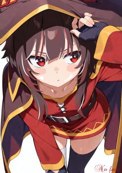 +_+ 1girl absurdres blush breasts brown_hair closed_mouth commentary_request hat highres kono_subarashii_sekai_ni_shukufuku_wo! leaning_forward looking_to_the_side megumin pout red_eyes skirt small_breasts solo user_jrdr8542