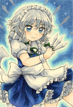 1girl absurdres apron ascot back_bow bad_id bad_pixiv_id between_fingers blue_dress blue_eyes bow braid closed_mouth commentary_request dress frilled_dress frills green_bow green_ribbon grey_hair hair_bow highres holding holding_knife izayoi_sakuya knife knives_between_fingers long_hair looking_at_viewer maa_(forsythia1729) maid maid_headdress neck_ribbon puffy_short_sleeves puffy_sleeves ribbon short_sleeves smile solo touhou traditional_media twin_braids waist_apron white_ascot white_bow wrist_cuffs