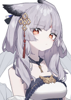 1girl arknights bare_shoulders beudelb breasts closed_mouth commentary_request dress facial_mark forehead_mark grey_hair hair_ornament highres long_hair looking_at_viewer medium_breasts official_alternate_costume orange_eyes owl_ears owl_girl power_symbol-shaped_pupils ptilopsis_(amongst_the_clouds)_(arknights) ptilopsis_(arknights) simple_background solo symbol-shaped_pupils tassel tassel_hair_ornament upper_body white_background white_dress