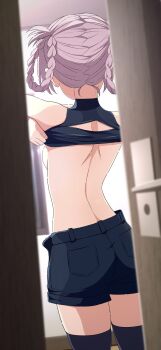 1girl absurdres back backboob black_shorts black_thighhighs blurry blurry_foreground braid braided_hair_rings breasts crop_top door doorknob doorway from_behind from_outside hair_rings highres na-suke nanakusa_nazuna_(yofukashi_no_uta) no_bra obstructed_view peeking purple_hair short_hair shorts sleeveless sleeveless_turtleneck solo standing thighhighs turtleneck undressing voyeur_pov voyeurism yofukashi_no_uta