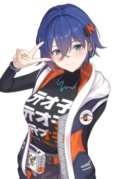 1girl belle_(zenless_zone_zero) black_shirt blue_eyes blue_hair bracelet breasts closed_mouth commentary_request crossed_bangs earrings hair_between_eyes hair_ornament head_tilt hood hooded_jacket jacket jewelry large_breasts letter_hair_ornament looking_at_viewer print_shirt shirt short_hair simple_background sleeveless sleeveless_jacket smile solo upper_body v vic_1223 white_background zenless_zone_zero