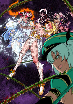 5girls backboob battle battle_damage beaten beating blood bouncing_breasts breasts burningsushi catfight coughing coughing_blood crushed cryokinesis cuts defeat destroyed_clothing dress fat_mons femdom fight fighting fire gloves groin group_beating head_back highres injury large_breasts leotard long_boots magic magical_girl multiple_girls one_breast_out pain plant pyrokinesis revealing_clothes ryona scratches screaming tagme thorns torn_boots torn_clothes torn_dress torn_gloves torn_sleeves torn_stockings vines violence