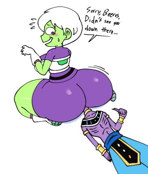 ! 1boy 1girl armor ass beerus blush breastplate breasts cheelai colored_skin curvy dragon_ball dragon_ball_super english_text face_in_ass green_skin hetero huge_ass large_breasts looking_at_another looking_back no_humans pants pervert purple_eyes short_hair sitting sitting_on_face sitting_on_person smib_art smile sweat thick_thighs thighs wavy_mouth white_background white_hair wide_hips wristband