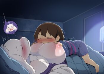 1boy 1girl age_difference blush breasts closed_eyes commentary dagasi frisk_(undertale) furry furry_female furry_with_non-furry hetero highres interspecies nipples onee-shota shota toriel undertale utdr_(toby_fox) variant_set