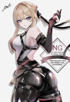 1girl absurdres artist_name ass ass_focus back_ribbon backless_shirt black_gloves black_ribbon blush braid braided_bun breast_strap breasts chest_strap closed_mouth collarbone elbow_gloves embarrassed english_text evelyn_chevalier eyebrows_hidden_by_hair eyes_visible_through_hair fingerless_gloves gloves hair_between_eyes hair_bun hair_ribbon high-waist_pants highres holding holding_string large_breasts latex latex_pants long_hair long_ribbon looking_at_viewer mole mole_under_eye necktie pants purple_eyes ribbon rr_mutou3yu shirt sideboob signature sleeveless sleeveless_shirt smile solo standing string thighs tight_clothes tight_pants white_background white_shirt yellow_necktie zenless_zone_zero