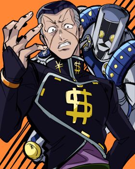 2boys absurdres aono_shimo bad_id bad_twitter_id black_hair dollar_sign gakuran grey_hair highres jojo_no_kimyou_na_bouken male_focus multicolored_hair multiple_boys nijimura_okuyasu school_uniform spikes stand_(jojo) the_hand_(stand) two-tone_hair yen_sign
